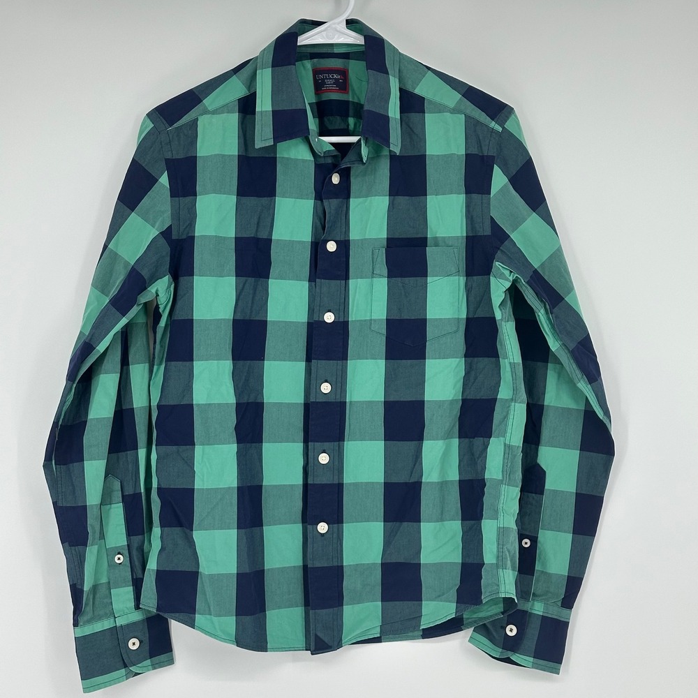 UNTUCKit‎ Men Small Slim Fit Green Navy Gingham Plaid Button Down Shirt Bonarda